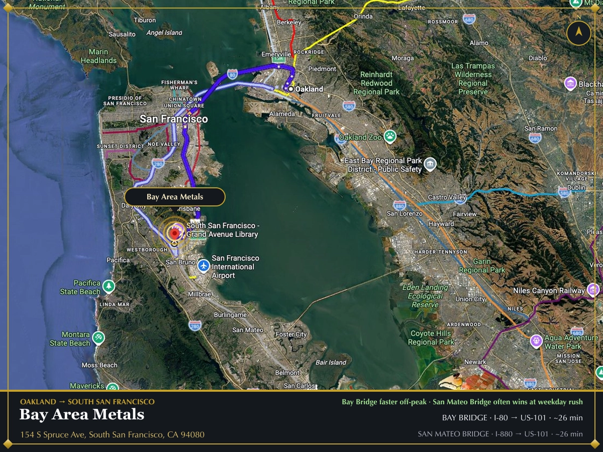 Map showing two driving routes from downtown Oakland to 154 South Spruce Avenue in South San Francisco, with transit alternatives marked