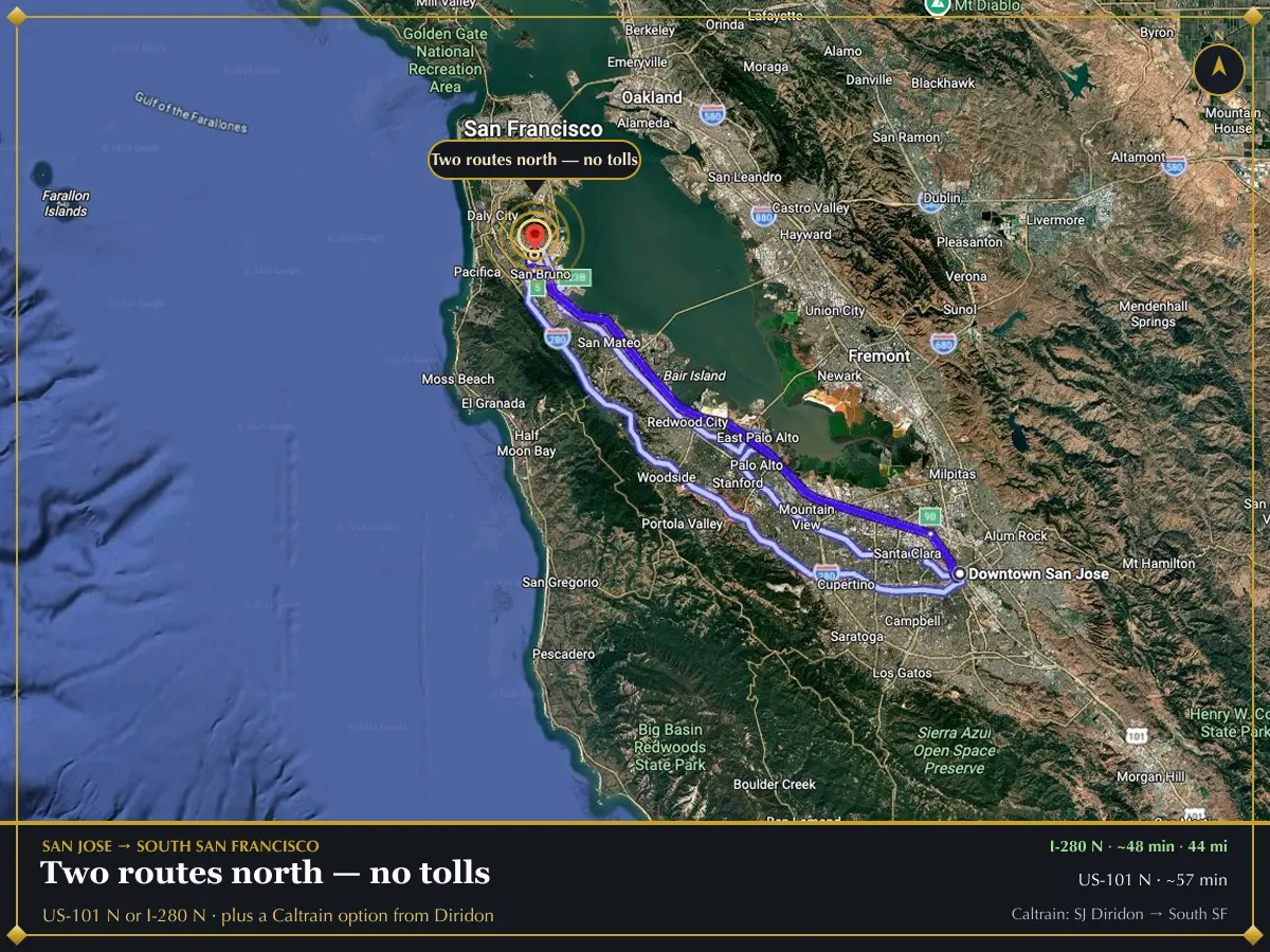 Map showing US-101 North and I-280 North driving routes from downtown San Jose to 154 South Spruce Avenue in South San Francisco, with Caltrain stations marked Map showing US-101 North and I-280 North driving routes from downtown San Jose to 154 South Spruce Avenue in South San Francisco, with Caltrain stations marked