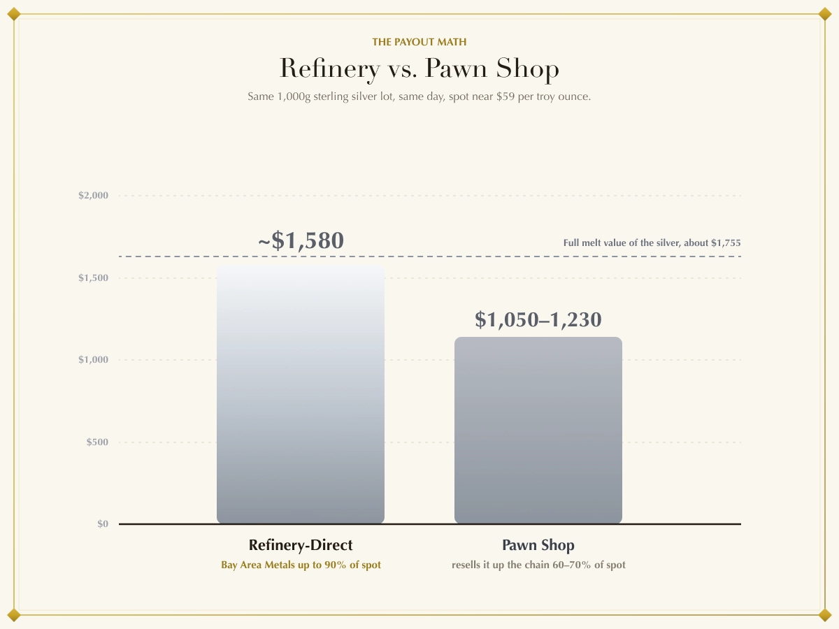 Refinery versus pawn shop payout on a sterling silver lot in the Bay Area. Refinery versus pawn shop payout on a sterling silver lot in the Bay Area.