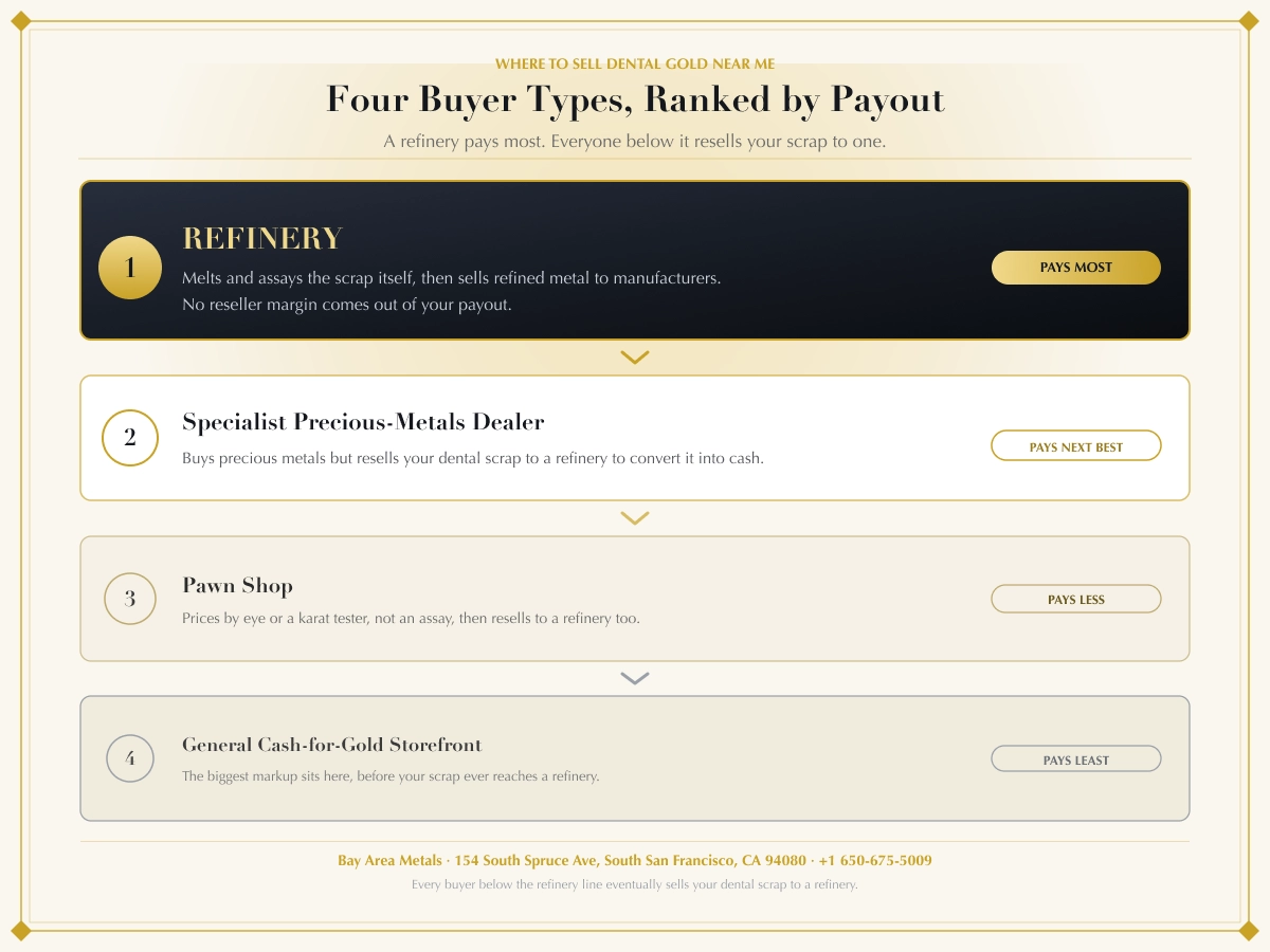 Where to sell dental gold near me: four buyer types ranked by payout, from refinery to cash-for-gold storefront. Where to sell dental gold near me: four buyer types ranked by payout, from refinery to cash-for-gold storefront.