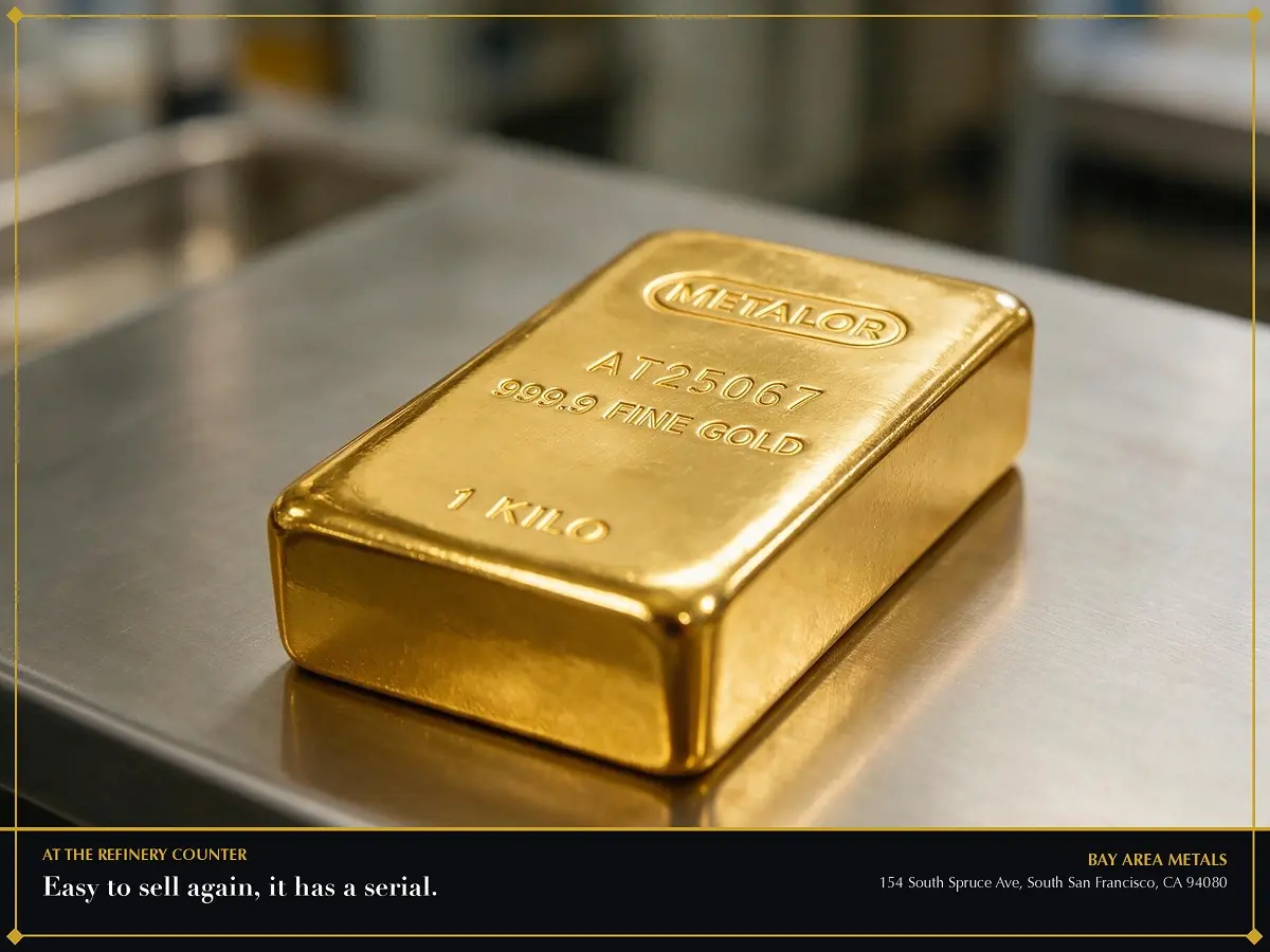 Metalor 1 kilogram gold bar with visible serial number and fineness at the Bay Area Metals refinery in South San Francisco.