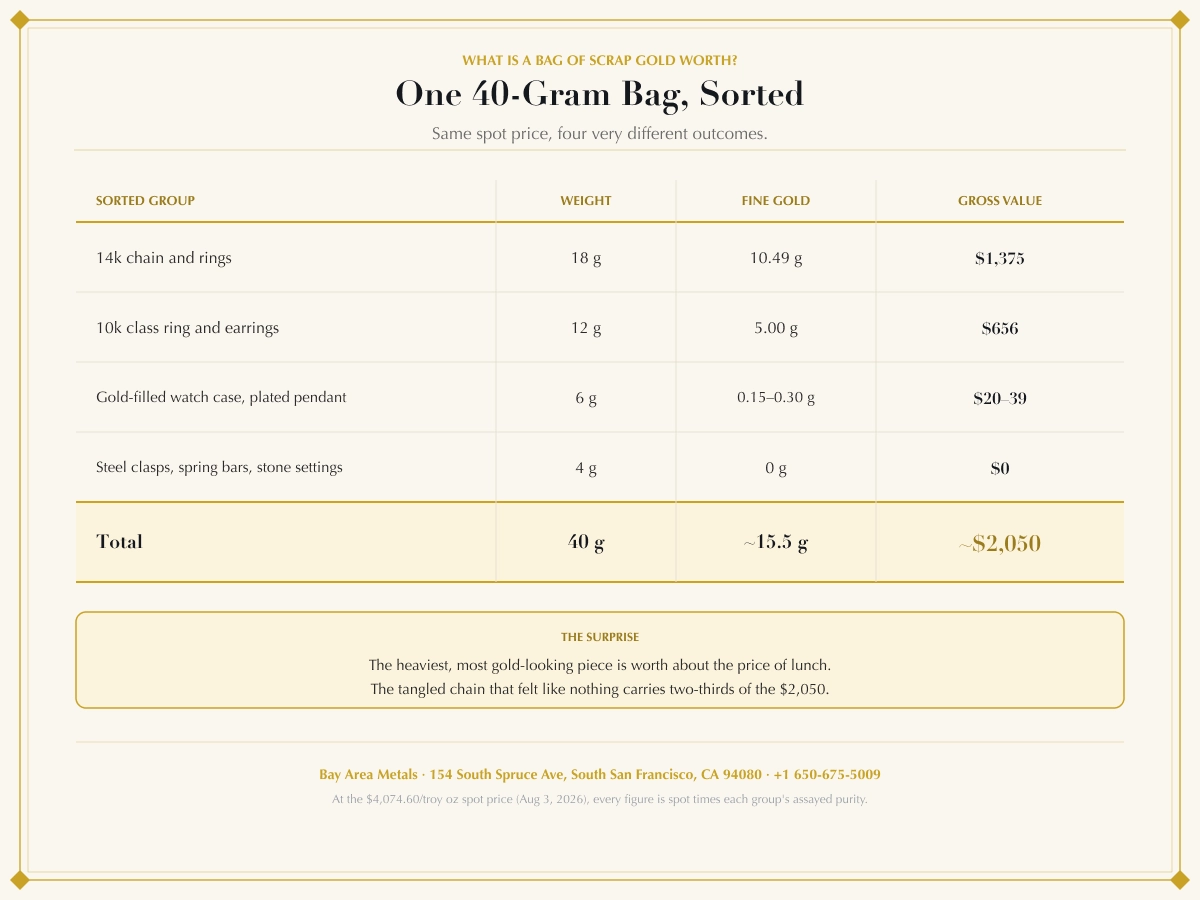 Table showing a 40-gram bag of scrap gold sorted by karat, worth about $2,050 at a $4,074.60/oz spot price