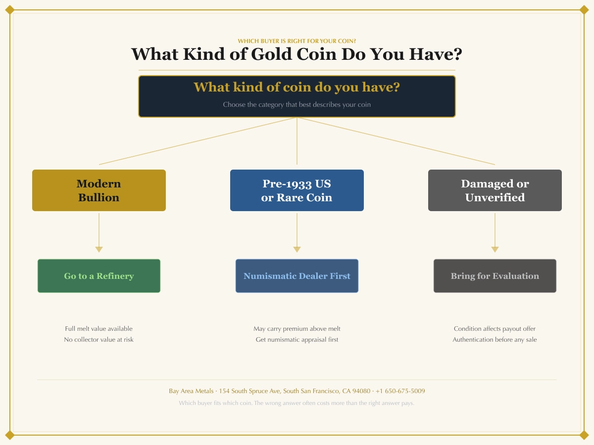 Decision tree: modern bullion coins go to a refinery, pre-1933 US and rare coins go to a numismatic dealer first, damaged or unverified coins should be evaluated Decision tree: modern bullion coins go to a refinery, pre-1933 US and rare coins go to a numismatic dealer first, damaged or unverified coins should be evaluated