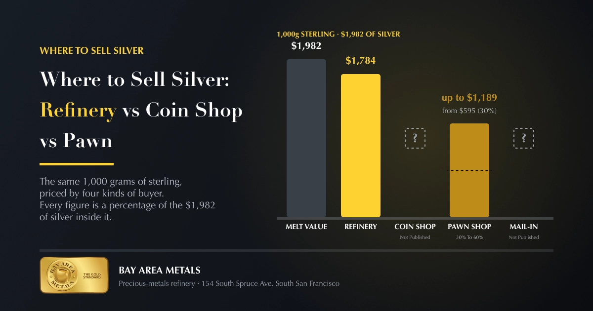 Comparison of what a refinery, coin shop, pawn shop and online mail-in buyer pay for 1,000 grams of sterling silver worth $1,982 in August 2026 Comparison of what a refinery, coin shop, pawn shop and online mail-in buyer pay for 1,000 grams of sterling silver worth $1,982 in August 2026