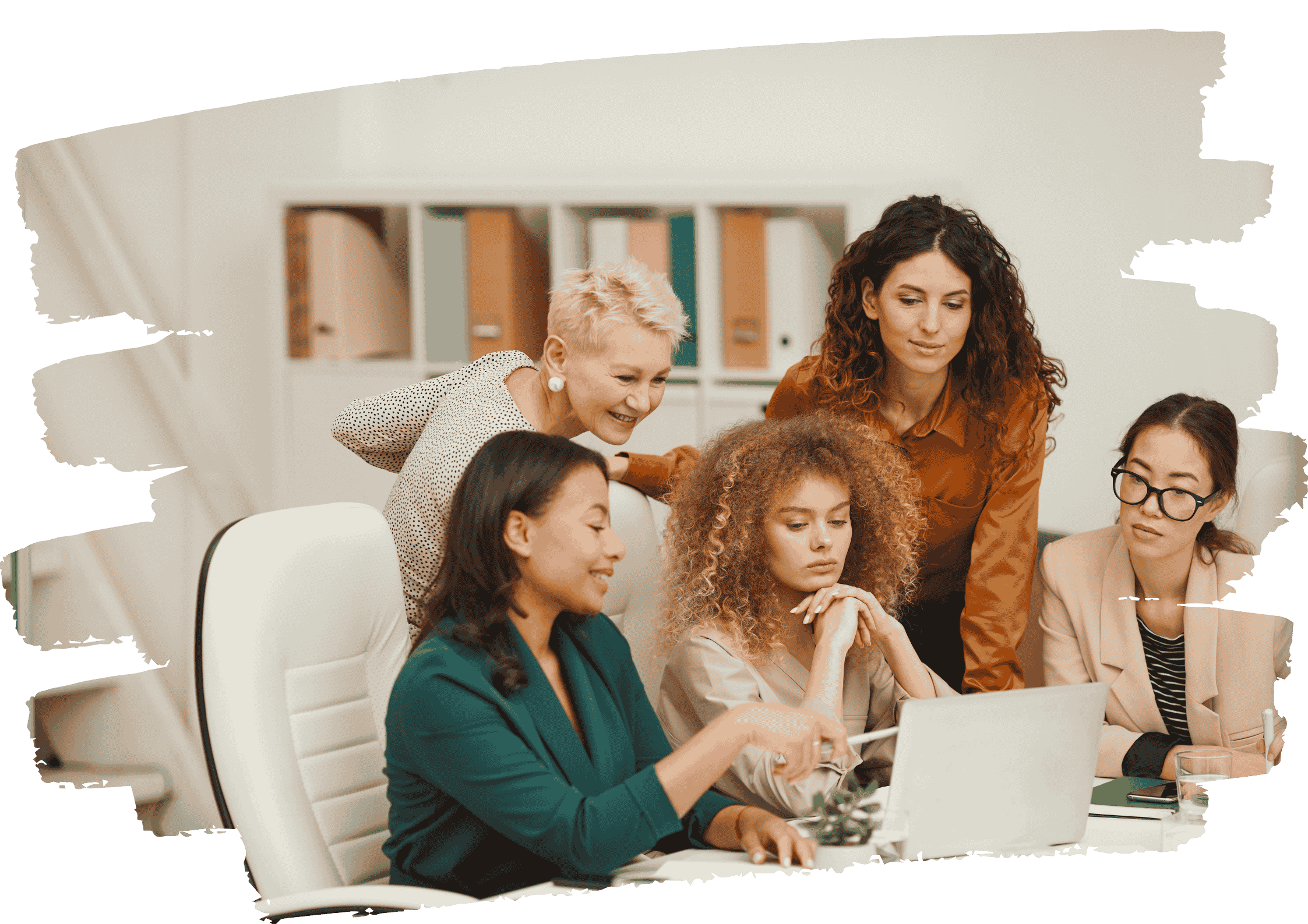 Group of women collaborating at laptop with one showing subtle discomfort, representing people-pleasing and internal misalignment