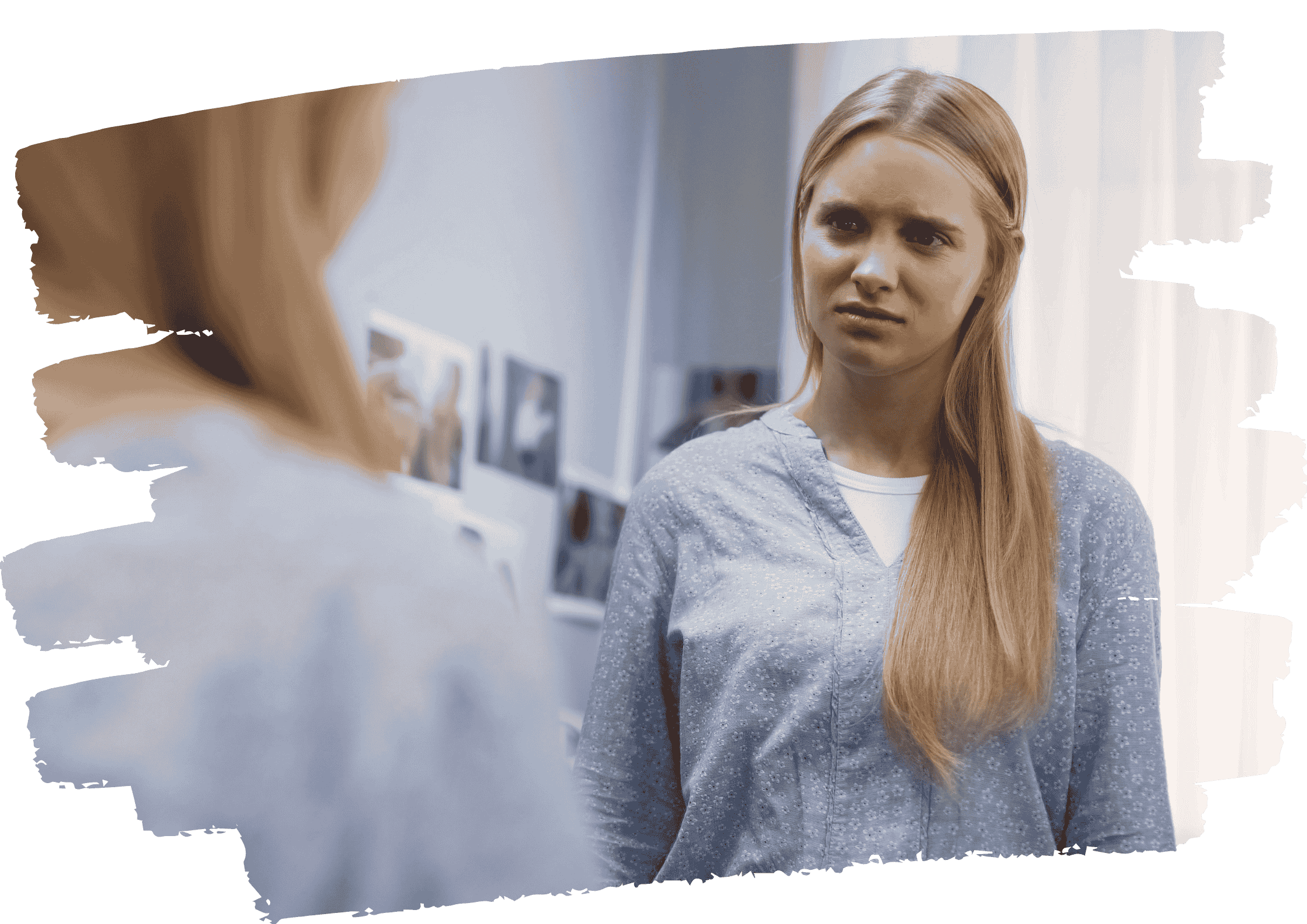 Woman looking at her reflection with concerned expression, representing self-doubt and inner criticism Woman looking at her reflection with concerned expression, representing self-doubt and inner criticism