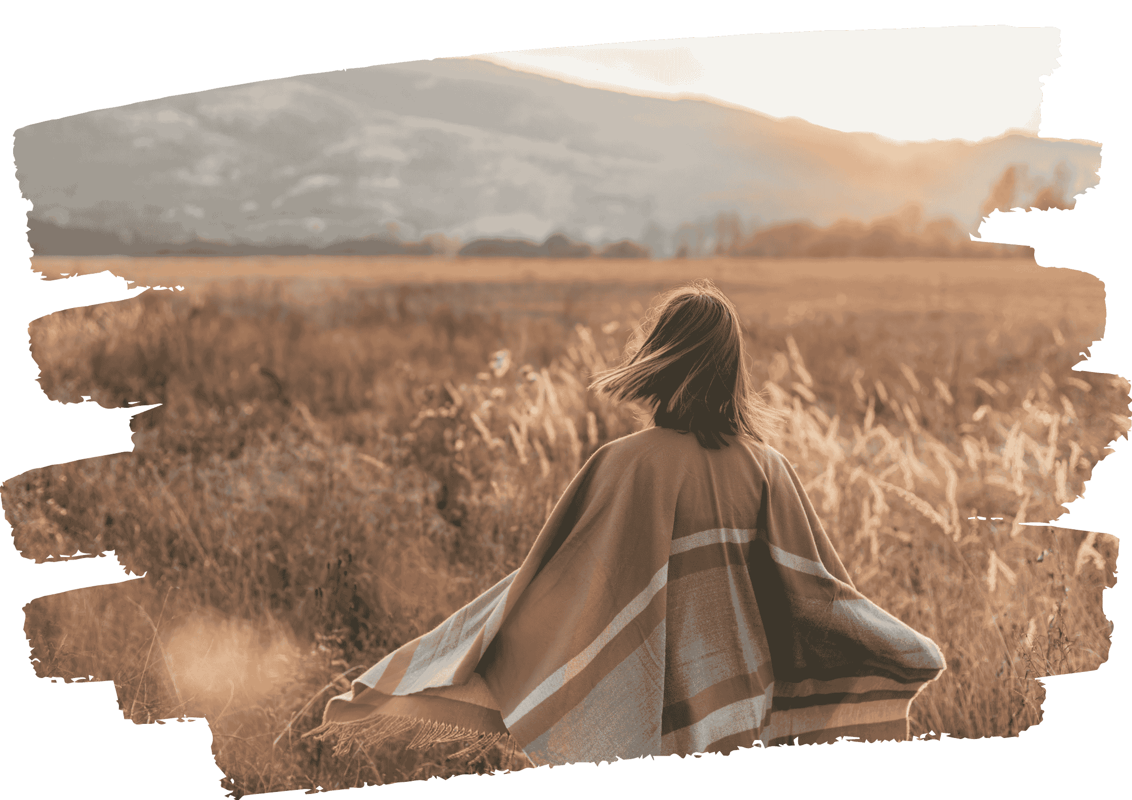 Woman walking through open field at sunset, symbolizing finding your way back to yourself and inner peace Woman walking through open field at sunset, symbolizing finding your way back to yourself and inner peace