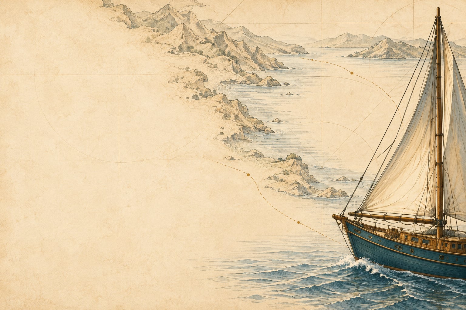 A drawn sailing vessel over an abstract map, suggesting an unfolding personal journey.