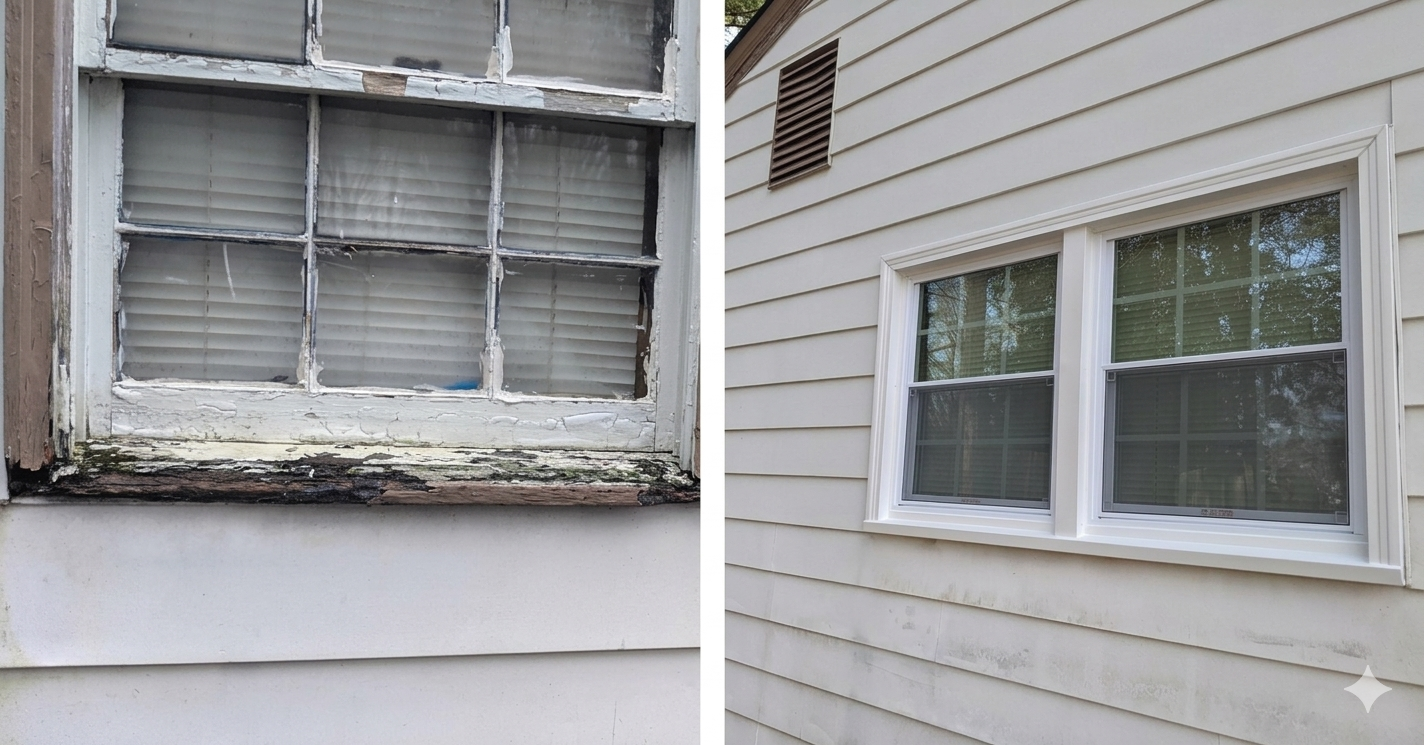 Before and after rotted window frame replacement
