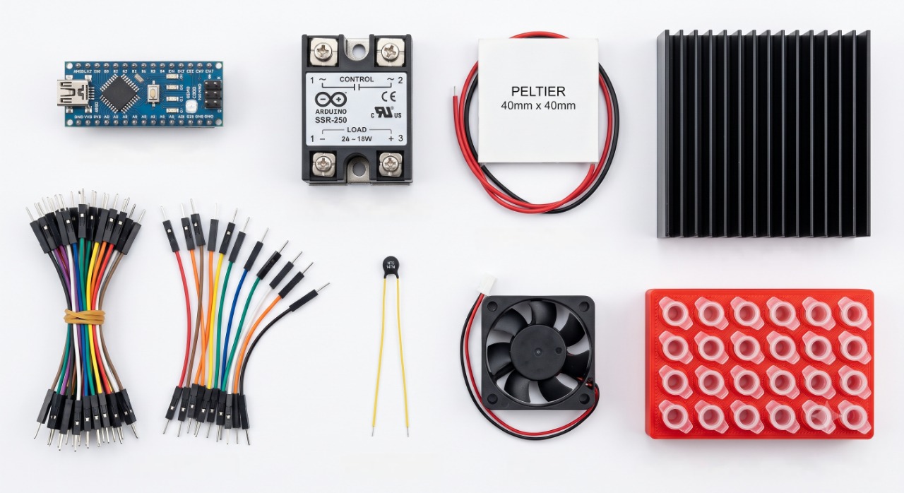 Components needed to build a DIY PCR machine including Arduino, Peltier heater-cooler, and 3D-printed tube holder, a classic low-cost PCR machine assembly. Components needed to build a DIY PCR machine including Arduino, Peltier heater-cooler, and 3D-printed tube holder, a classic low-cost PCR machine assembly.