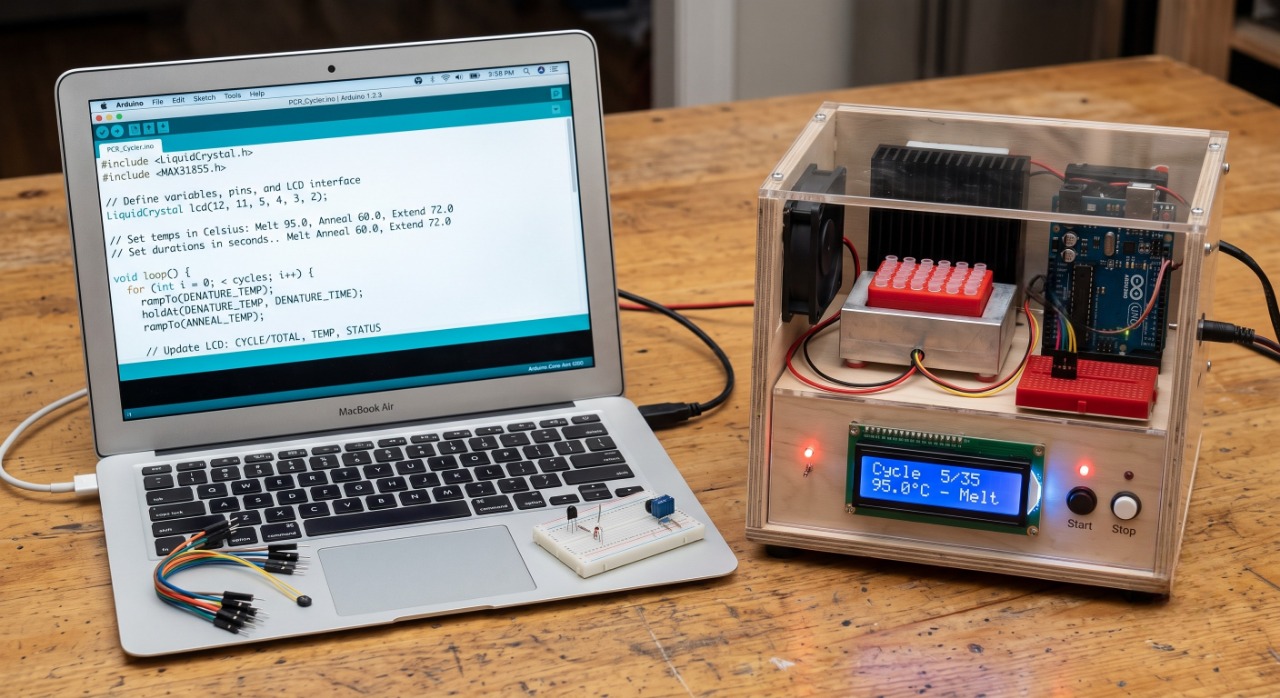 Programming a low-cost PCR machine with Arduino, LCD shows cycle progress for citizen science PCR project. Programming a low-cost PCR machine with Arduino, LCD shows cycle progress for citizen science PCR project.