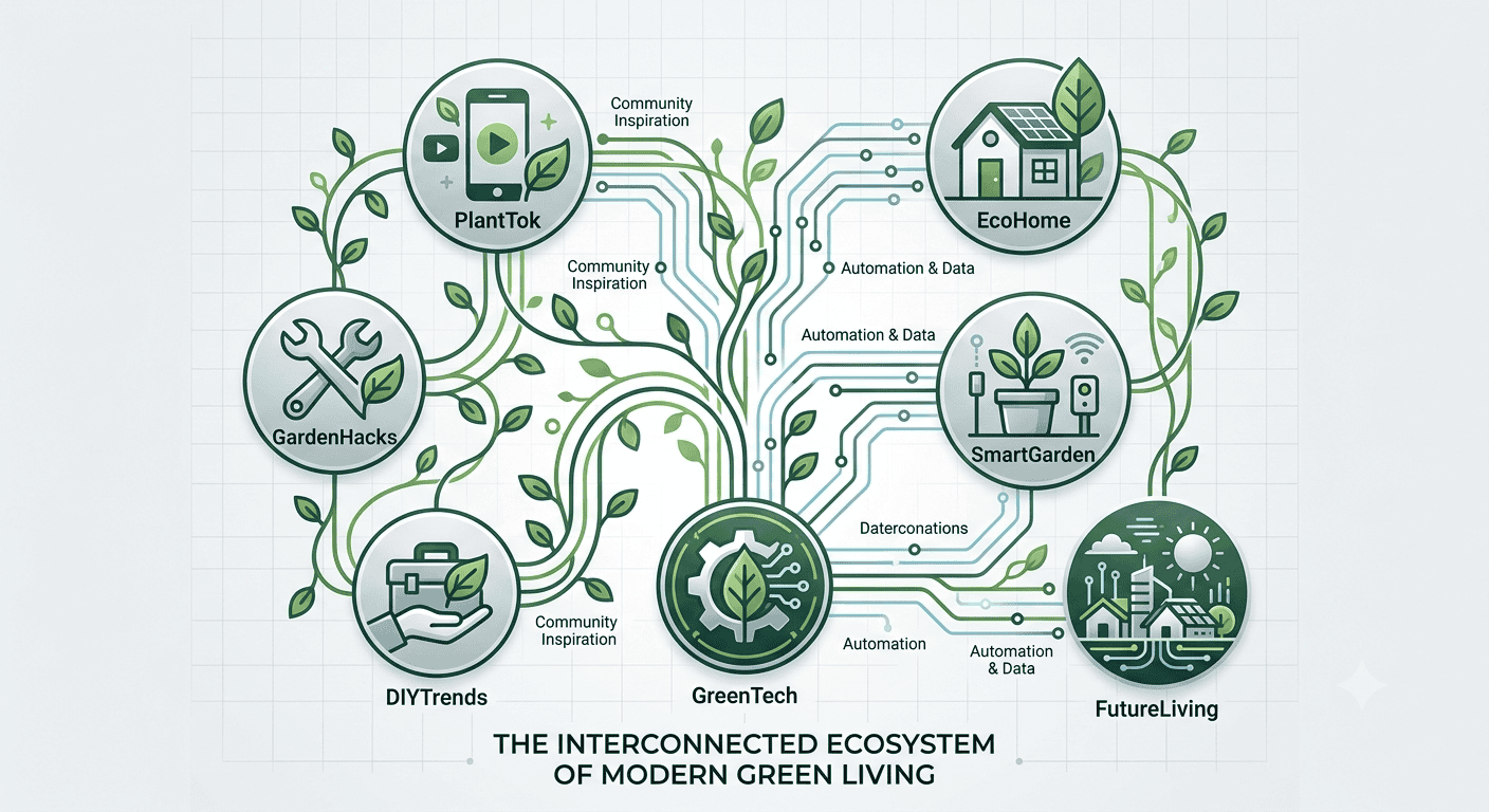 Visual glossary of Homegrown Futures keywords: PlantTok, SmartGarden, EcoHome, FutureLiving, GardenHacks, DIYTrends, GreenTech connected by plant vines.