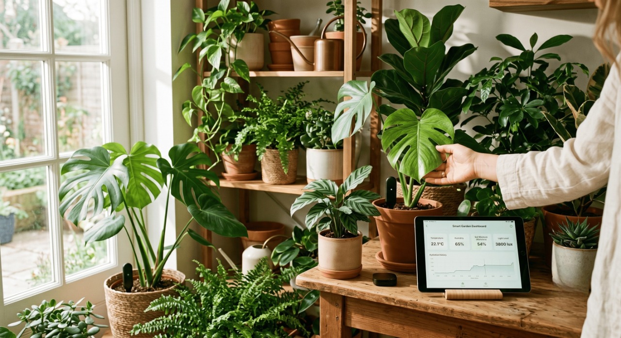 indoor smart garden with sensors, plants, and tablet, showcasing the HomegrownFutures blend of nature and technology.