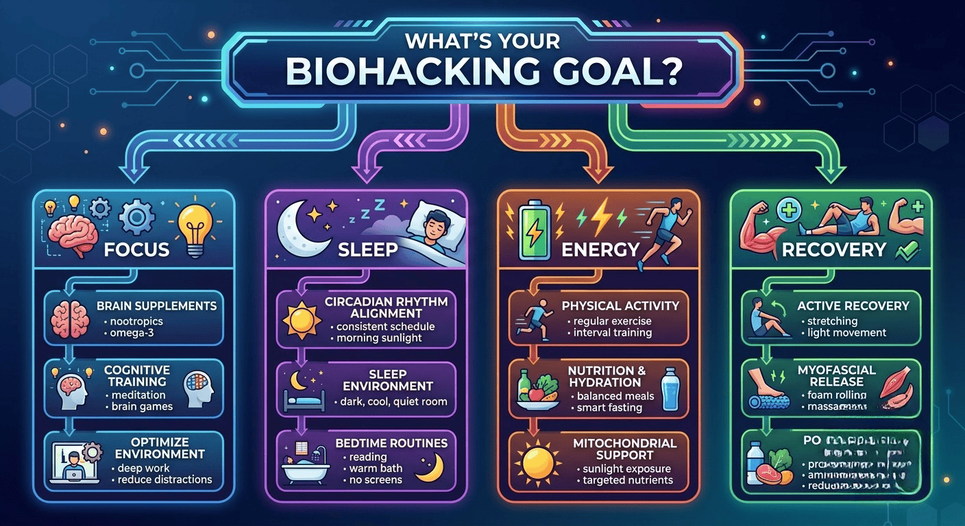 Decision flowchart for choosing biohacking kits for beginners based on personal goals.