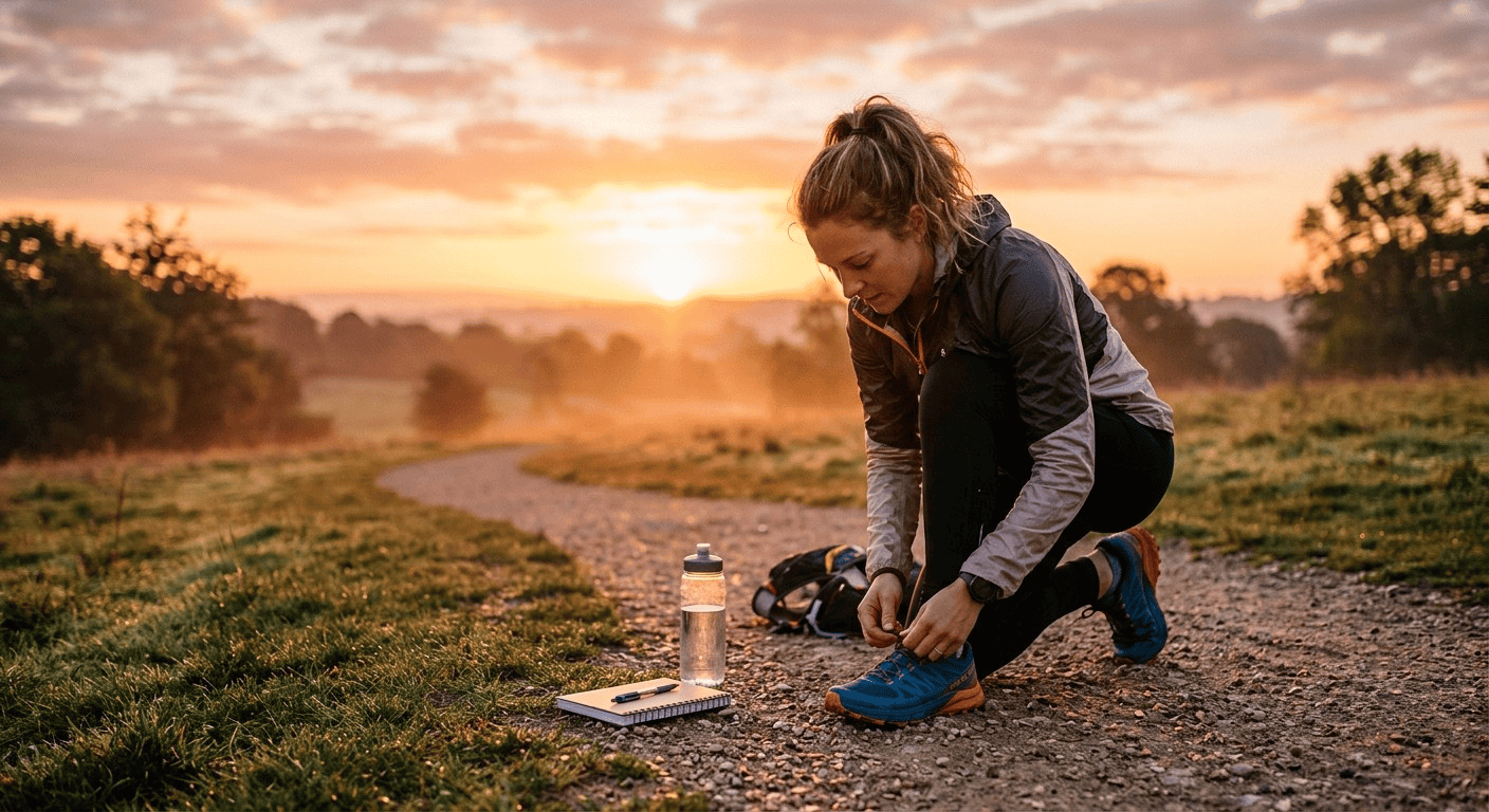 Athlete preparing for a morning biohacking experiment with hydration and journal