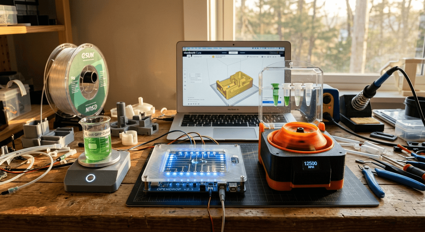 A collection of open-source biohacking devices and DIY lab hardware 3D printed and assembled on a home lab workbench A collection of open-source biohacking devices and DIY lab hardware 3D printed and assembled on a home lab workbench