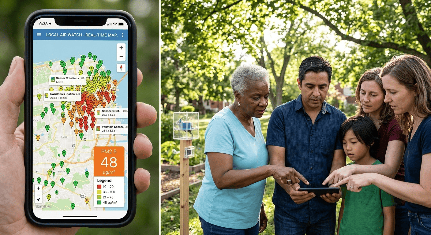 Community members viewing real-time data from a DIY air quality sensor network on a mobile map, exemplifying citizen science air monitoring in action Community members viewing real-time data from a DIY air quality sensor network on a mobile map, exemplifying citizen science air monitoring in action