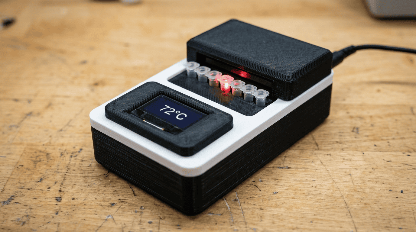 Close-up of a PocketPCR, a powerful open-source biohacking device used for DNA amplification, with a 3D printed case and live temperature display Close-up of a PocketPCR, a powerful open-source biohacking device used for DNA amplification, with a 3D printed case and live temperature display