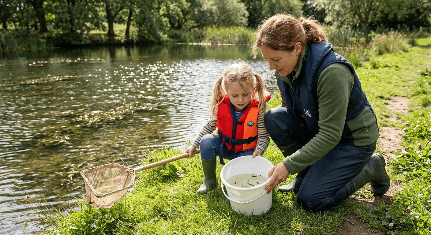 A child using a dip net in a pond while an adult holds a guidebook, taking part in DIY citizen science for kids water quality study