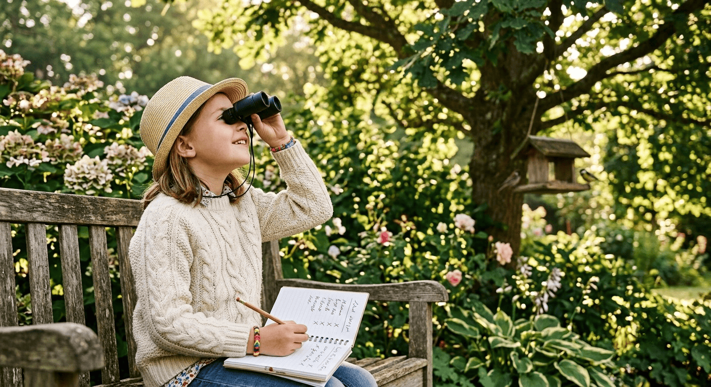 A smiling child wearing garden gloves holds a magnifying glass over a leaf, observing a ladybug during a safe DIY citizen science for kids activity