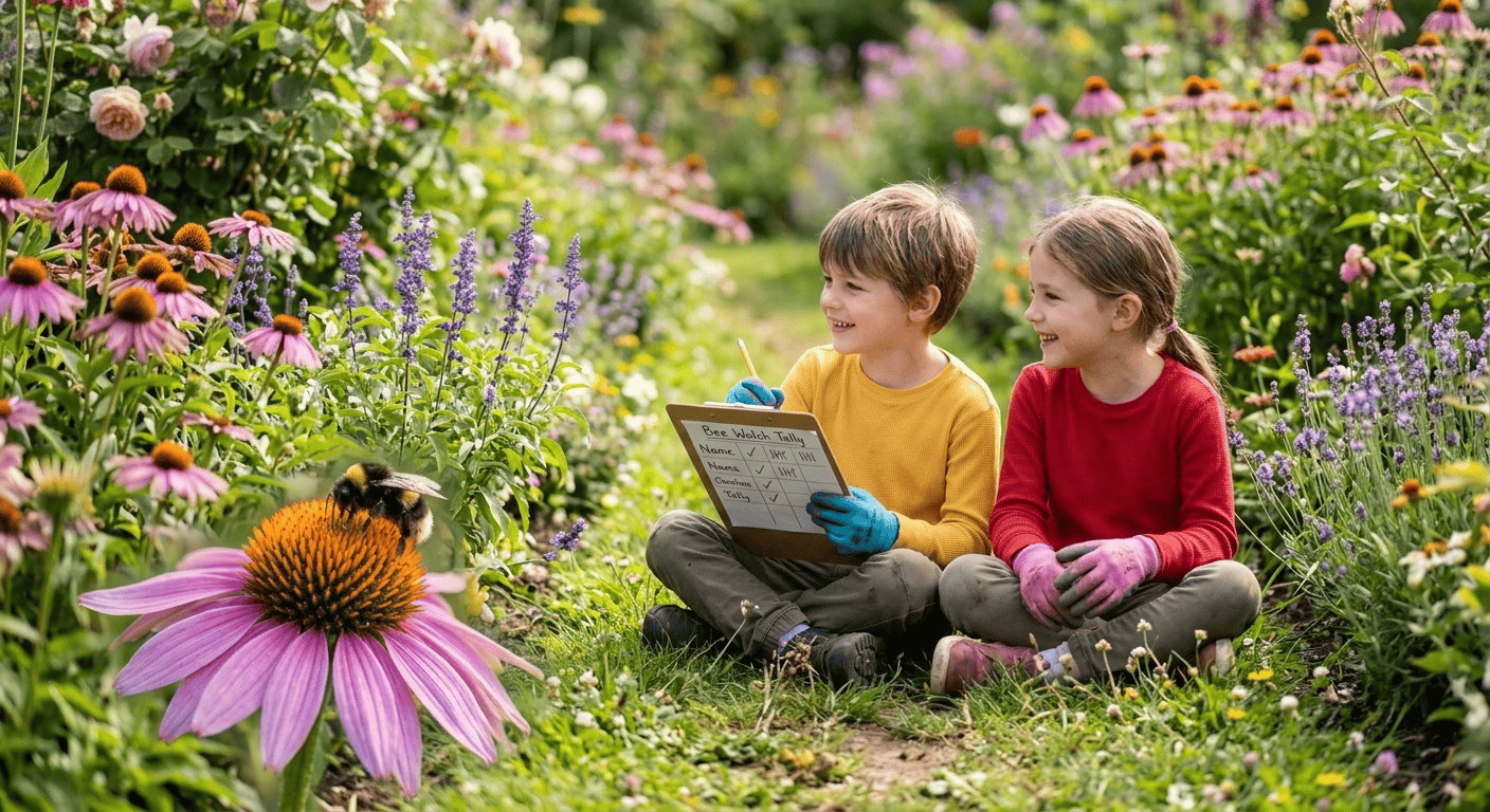 Kids in a pollinator-friendly garden writing data for a DIY citizen science for kids pollinator count, a fun way of teaching biology at home.