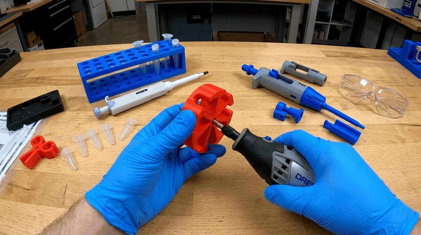 Hands assembling a 3D printed biohacking tool, the DremelFuge centrifuge rotor, onto a rotary tool, surrounded by other open-source lab hardwar Hands assembling a 3D printed biohacking tool, the DremelFuge centrifuge rotor, onto a rotary tool, surrounded by other open-source lab hardwar
