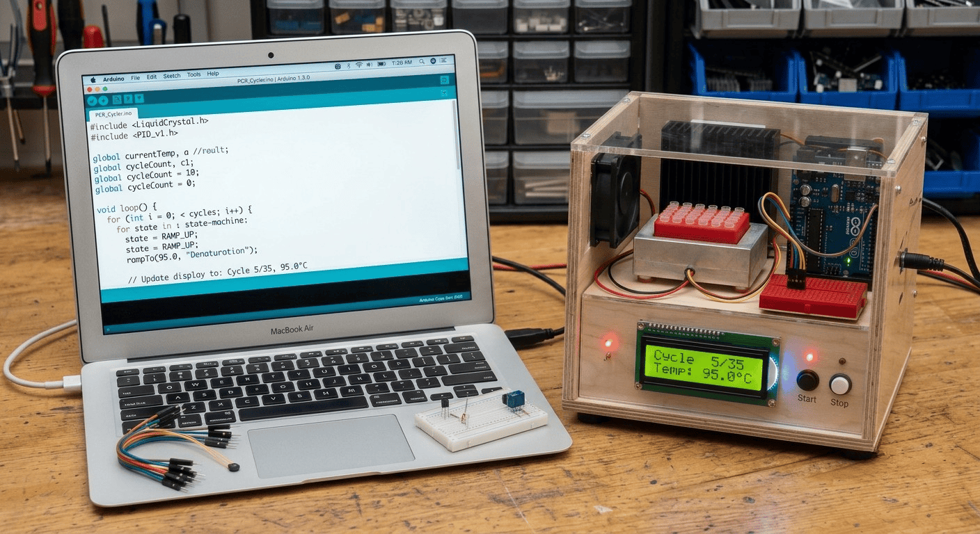 Programming a low-cost PCR machine with Arduino, LCD shows cycle progress for citizen science PCR project.