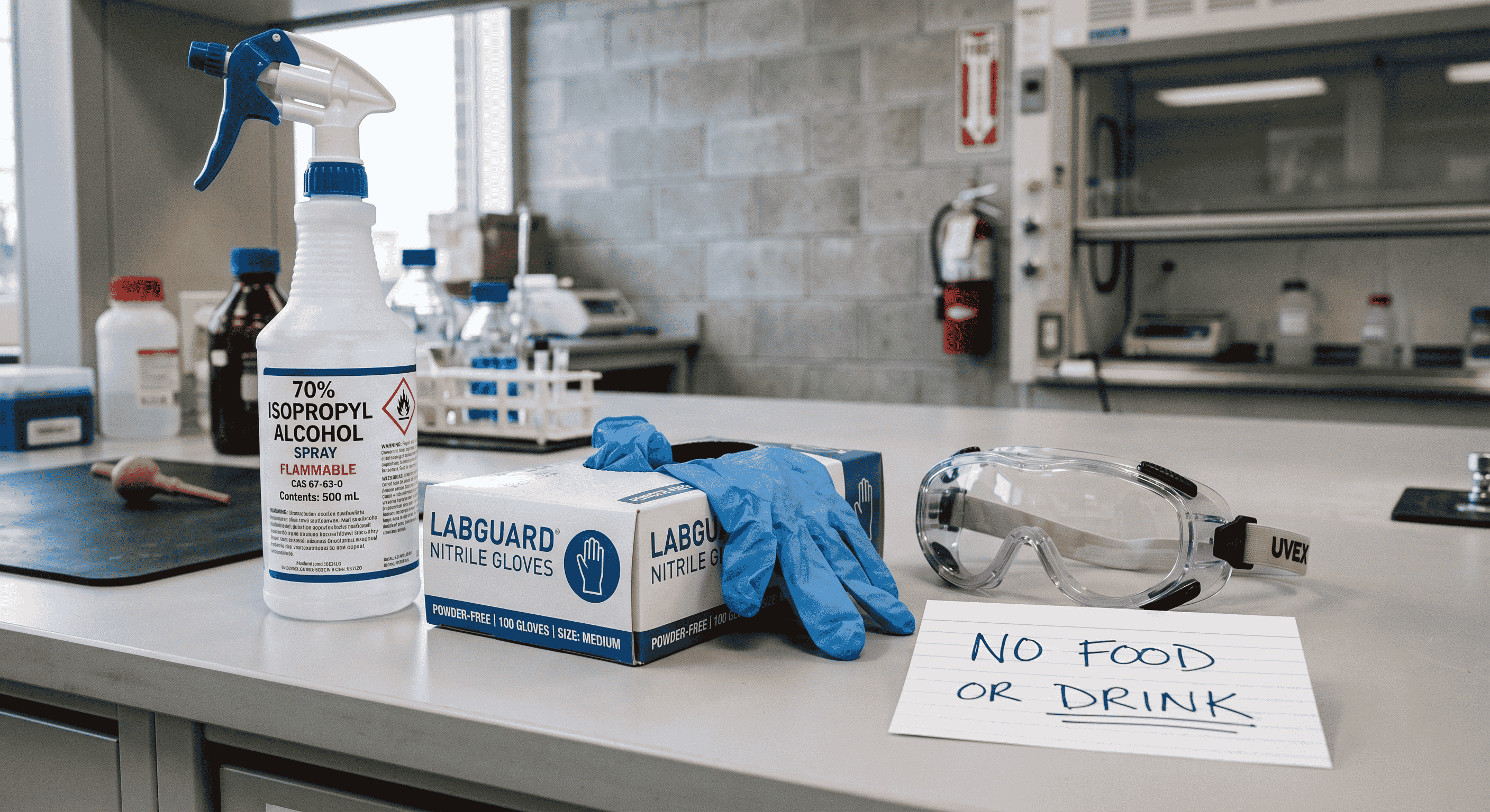 Crucial personal protective equipment and disinfectant for a safe home lab setup during a microbiology experiment at home.