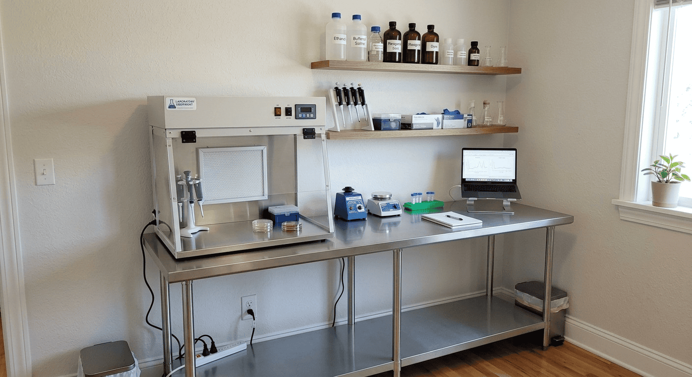 Home biohacking workspace with safe home lab setup featuring stainless surfaces and contained work area