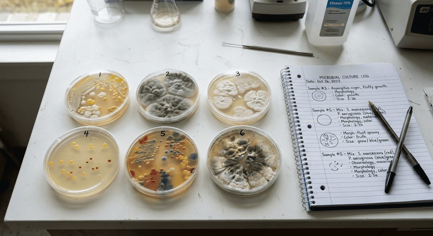 Progression of a beginner microbiology safe home lab from initial swabs to diverse colony observation in a home setting.
