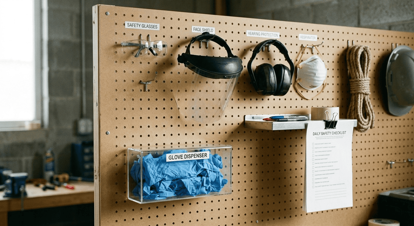 Safe home lab setup with organized PPE station and workflow checklist in a compliant DIY bio lab