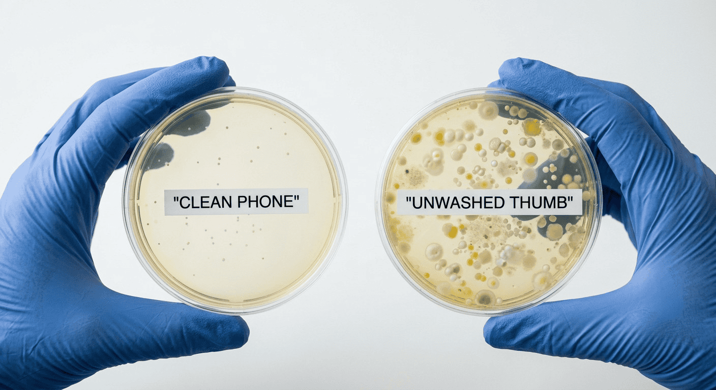 Results of a beginner microbiology experiment at home comparing a sanitized surface to an unwashed thumb on nutrient agar plates