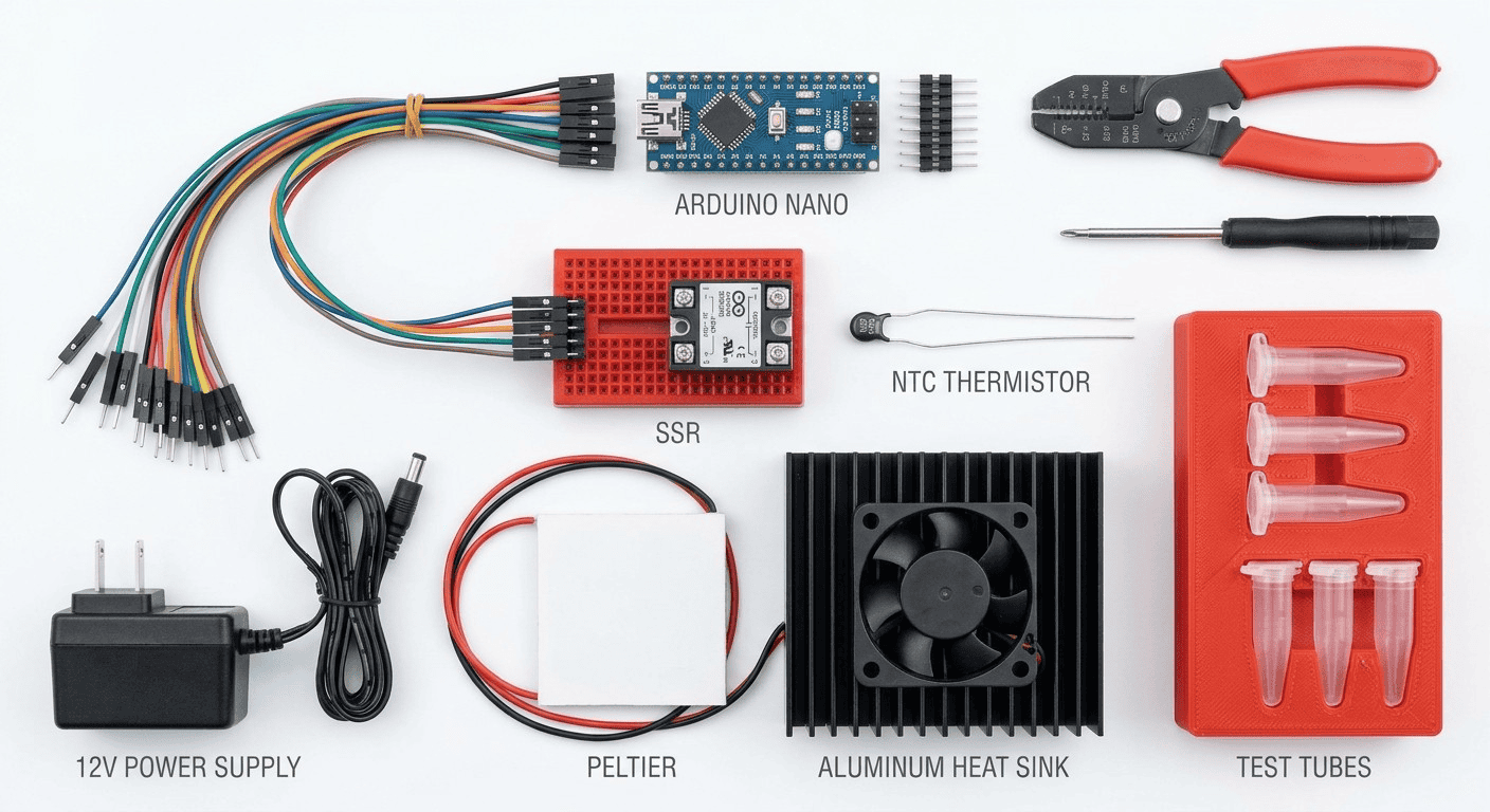 Components needed to build a DIY PCR machine including Arduino, Peltier heater-cooler, and 3D-printed tube holder, a classic low-cost PCR machine assembly.