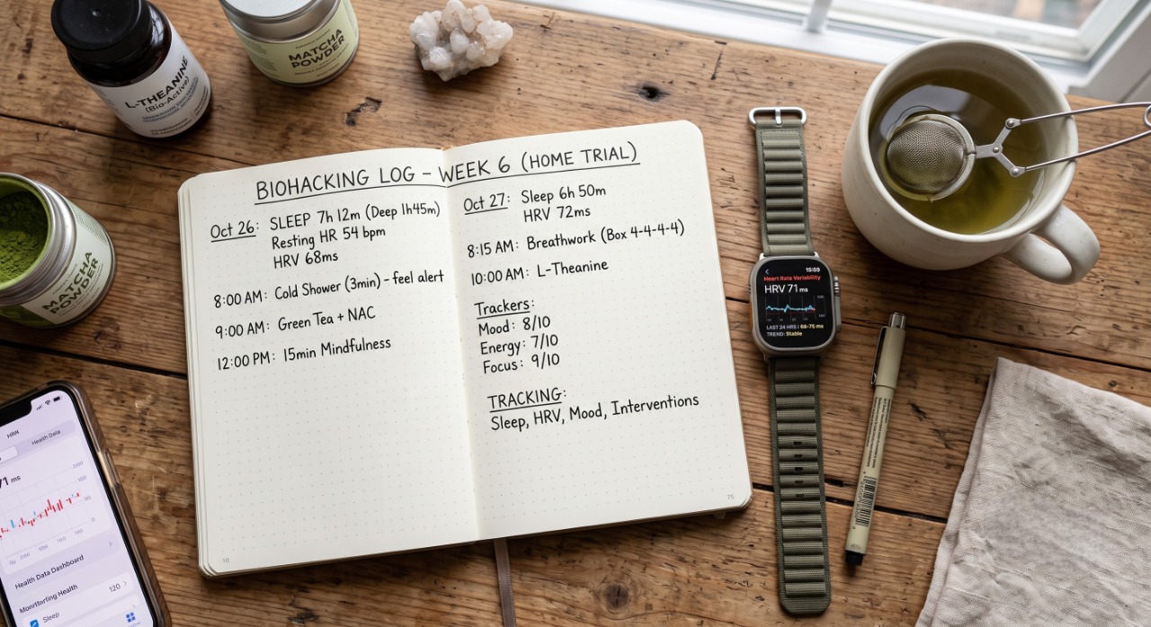 flat lay biohacking tracker tea