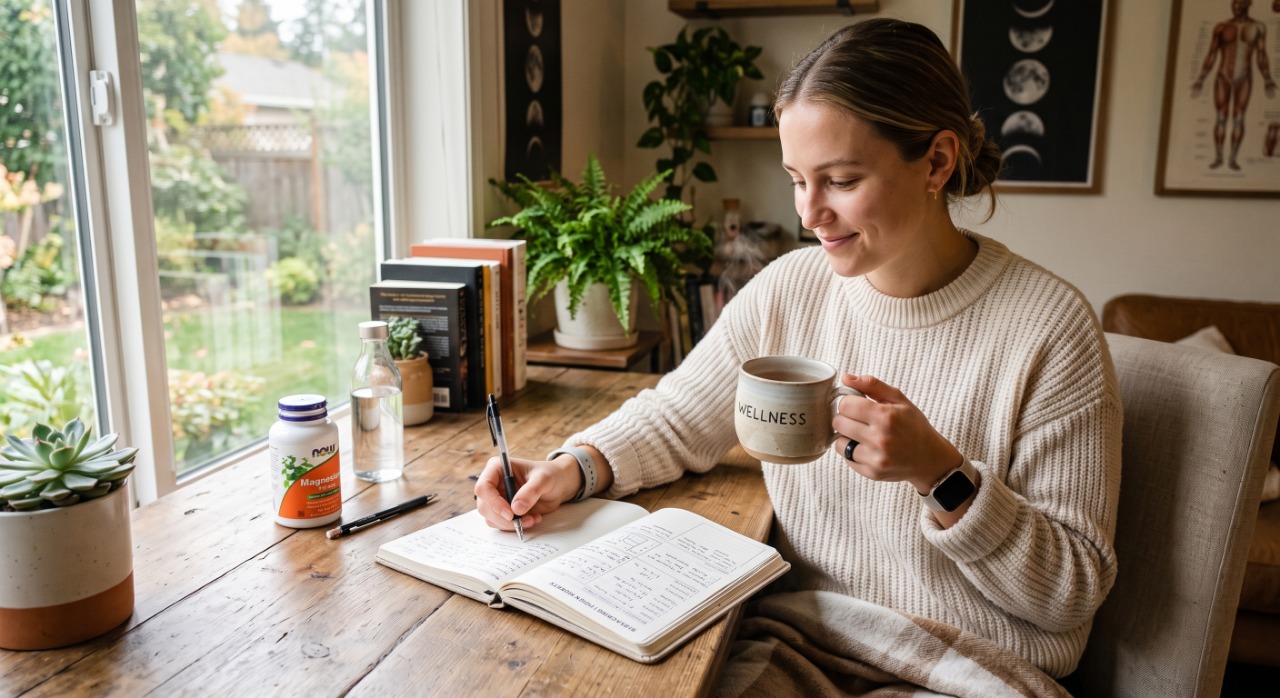 A person holding a mug of tea and writing in a health journal, illustrating beginner biohacking tracking habits at home