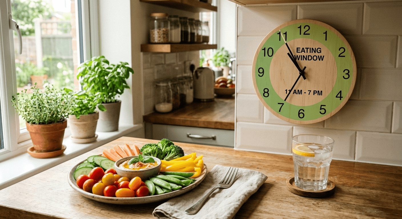 intermittent fasting science concept – healthy plate and clock representing time-restricted eating window