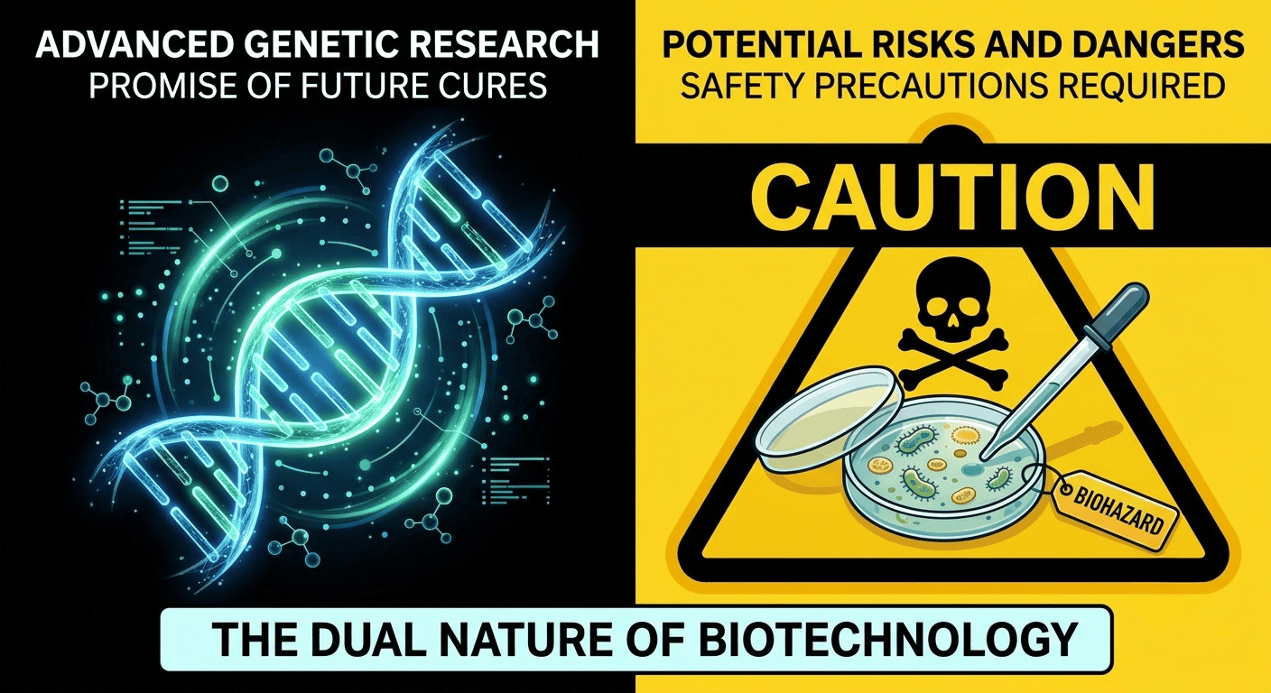 Open bio risks and open-source biology future balance concept.