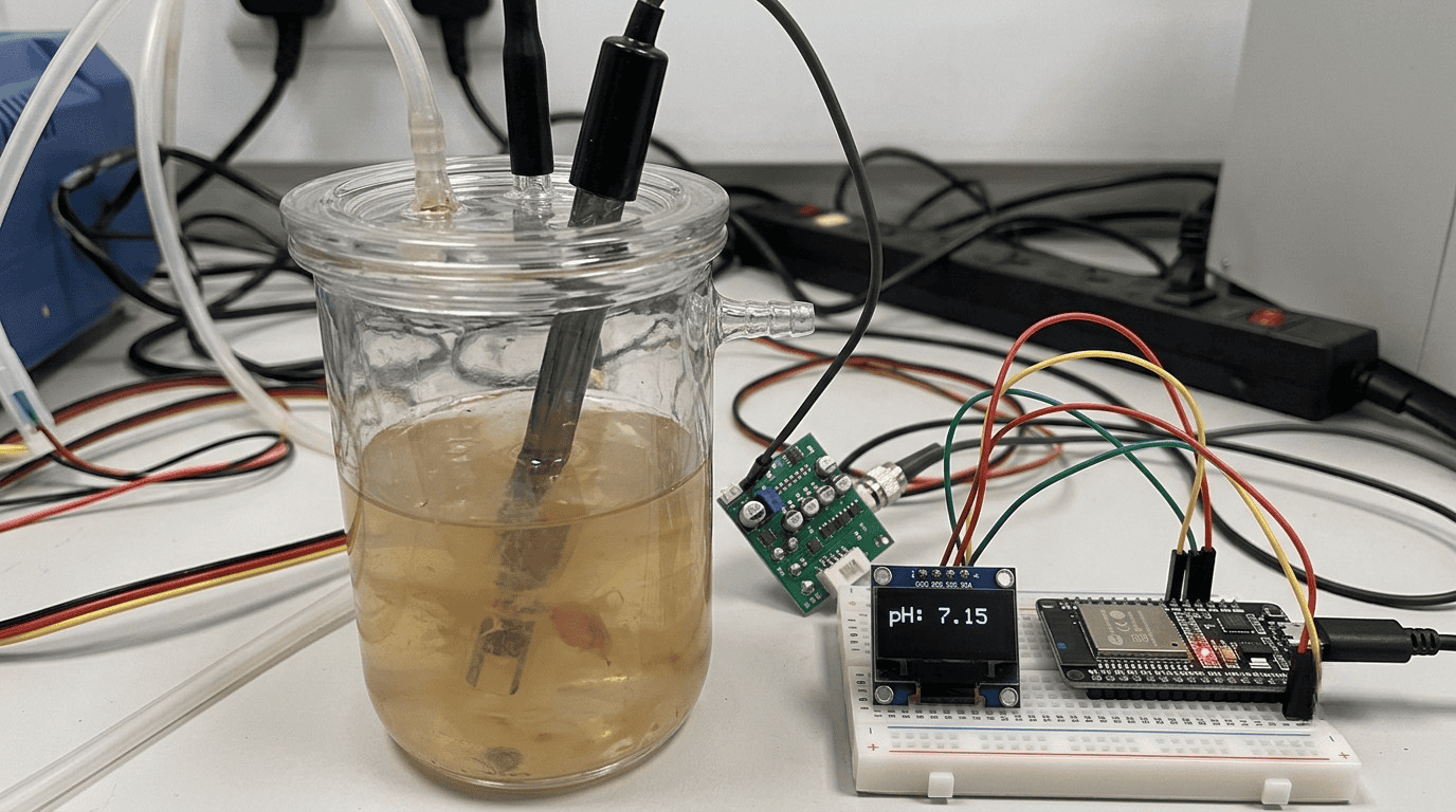 A clear jar bioreactor with an inserted cheap pH sensor, connected via wires to an ESP32 board displaying pH on a small OLED screen.