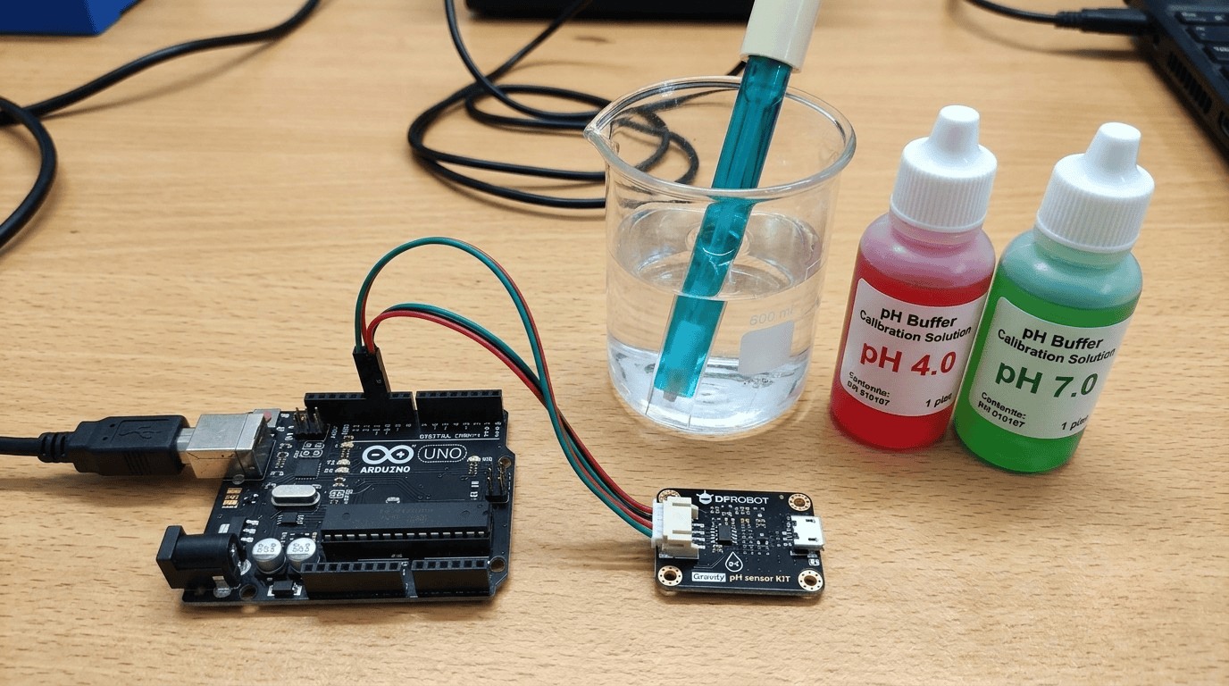 DFRobot Gravity analog cheap pH sensor connected to an Arduino Uno, with buffer calibration solutions nearby.