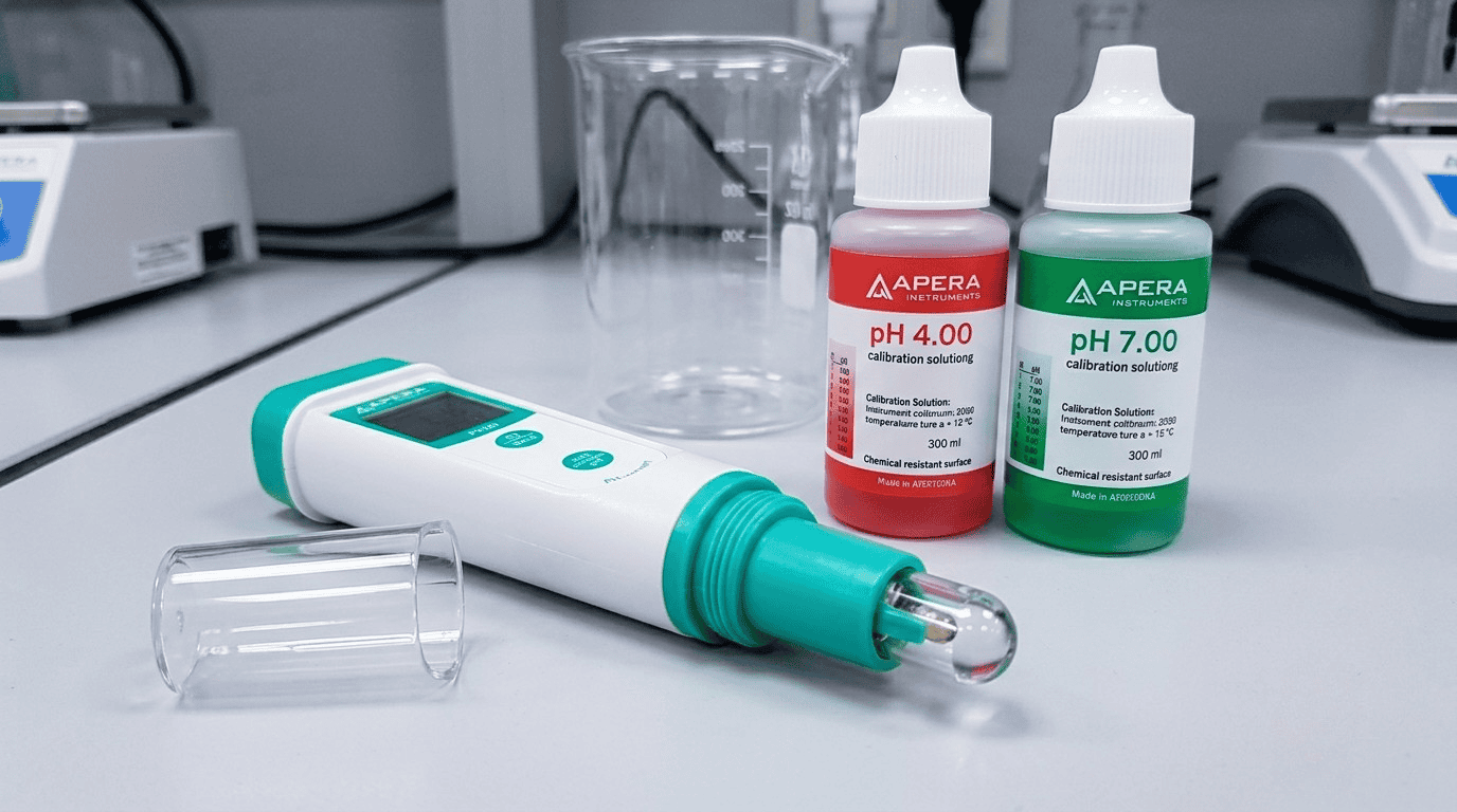Apera PH20 budget pH meter with its protective cap removed, sitting on a lab bench next to calibration solutions