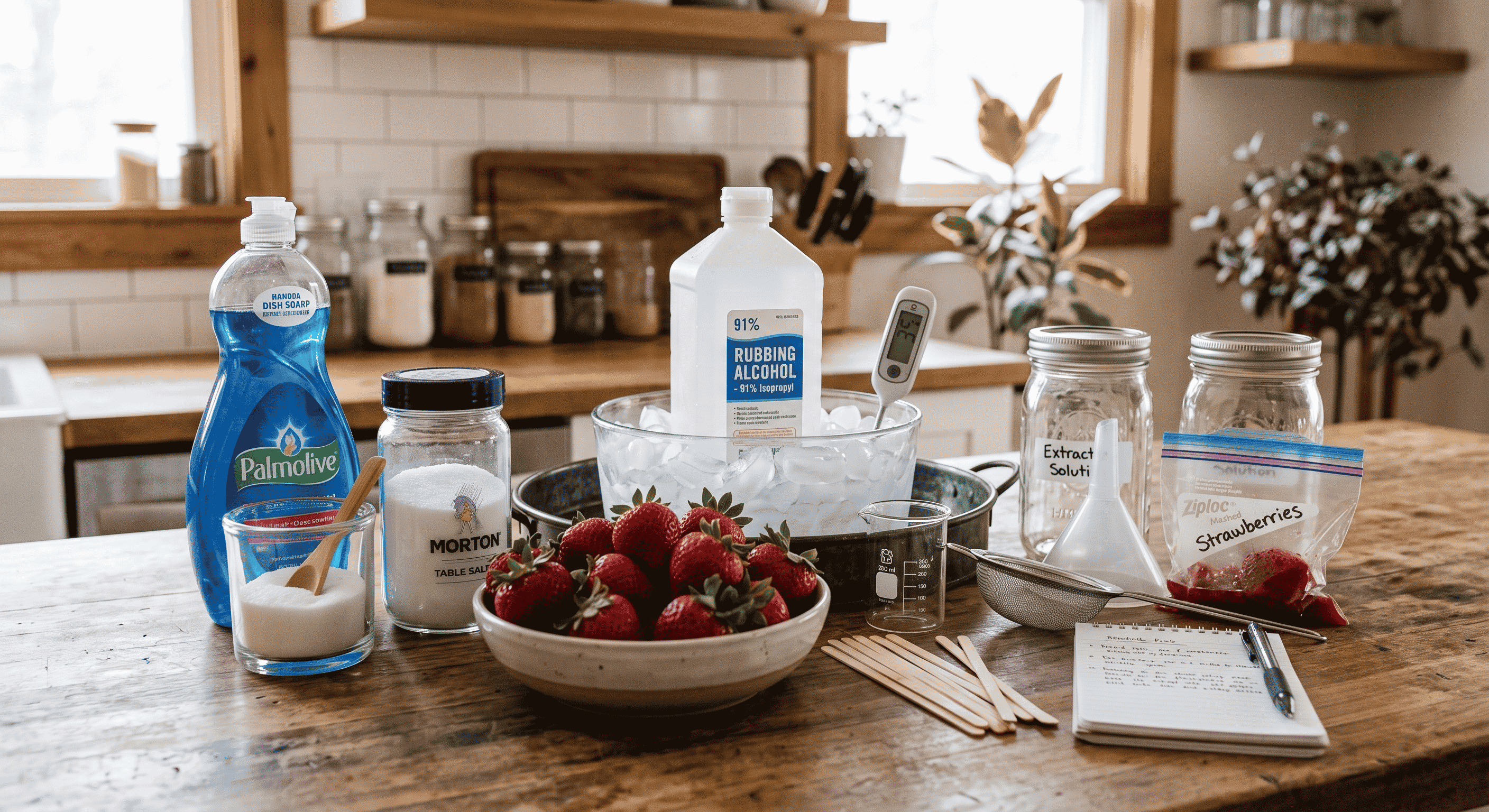 All the simple kitchen supplies needed for a DIY DNA extraction, including strawberries, dish soap, salt, and cold rubbing alcohol. All the simple kitchen supplies needed for a DIY DNA extraction, including strawberries, dish soap, salt, and cold rubbing alcohol.