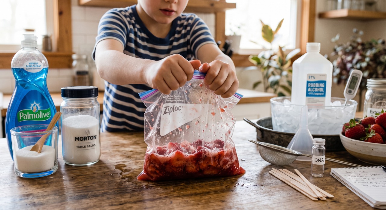 A child’s hands squishing strawberries in a plastic bag during a kitchen DNA experiment to break down cell walls. A child’s hands squishing strawberries in a plastic bag during a kitchen DNA experiment to break down cell walls.