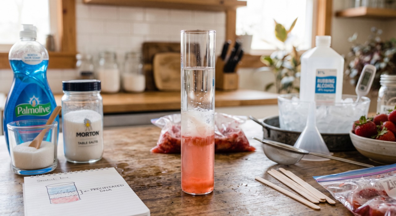 A clear glass with layered strawberry extract and cold alcohol showing a white, cloudy band of DNA at the interface during a DIY DNA extraction. A clear glass with layered strawberry extract and cold alcohol showing a white, cloudy band of DNA at the interface during a DIY DNA extraction.