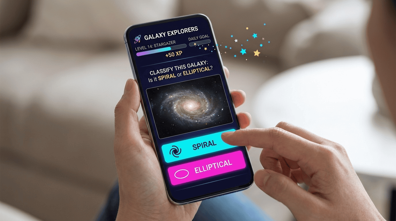 Close-up of hands holding a smartphone with a gamified citizen science app showing a galaxy classification task, future of citizen science micro-tasking Close-up of hands holding a smartphone with a gamified citizen science app showing a galaxy classification task, future of citizen science micro-tasking