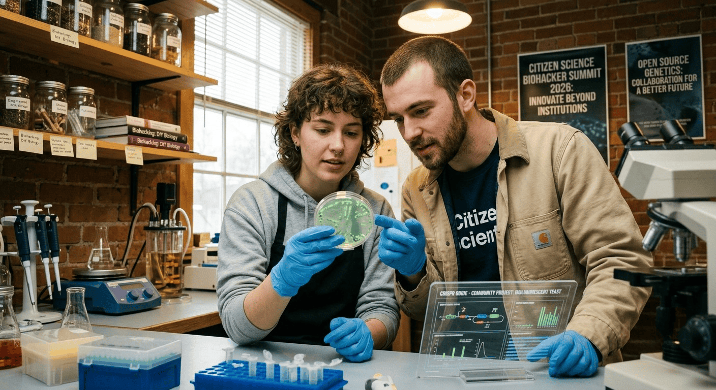 Two people in a community bio lab wearing gloves and examining a petri dish, biohacking trends 2026 citizen science Two people in a community bio lab wearing gloves and examining a petri dish, biohacking trends 2026 citizen science