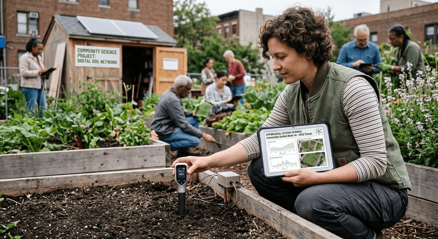 A woman planting a soil sensor in a community garden, hyperlocal citizen science trends 2026 A woman planting a soil sensor in a community garden, hyperlocal citizen science trends 2026
