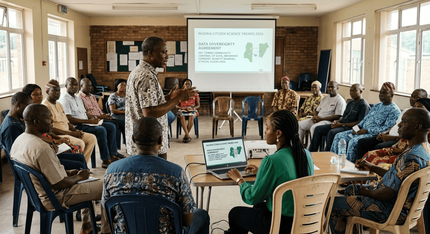 A community meeting with a laptop displaying a data sovereignty agreement, ethics in citizen science trends 2026 A community meeting with a laptop displaying a data sovereignty agreement, ethics in citizen science trends 2026