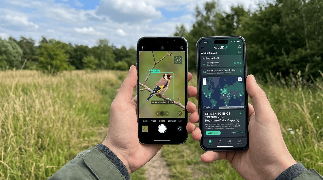 Smartphone screen showing an AI-assisted bird identification app in the field, illustrating citizen science trends 2026 Smartphone screen showing an AI-assisted bird identification app in the field, illustrating citizen science trends 2026