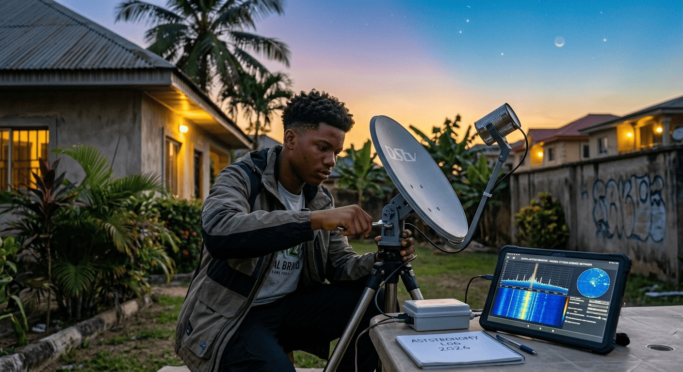 A teenager adjusting a small DIY radio telescope in a backyard at dusk, citizen science trends 2026 astronomy A teenager adjusting a small DIY radio telescope in a backyard at dusk, citizen science trends 2026 astronomy