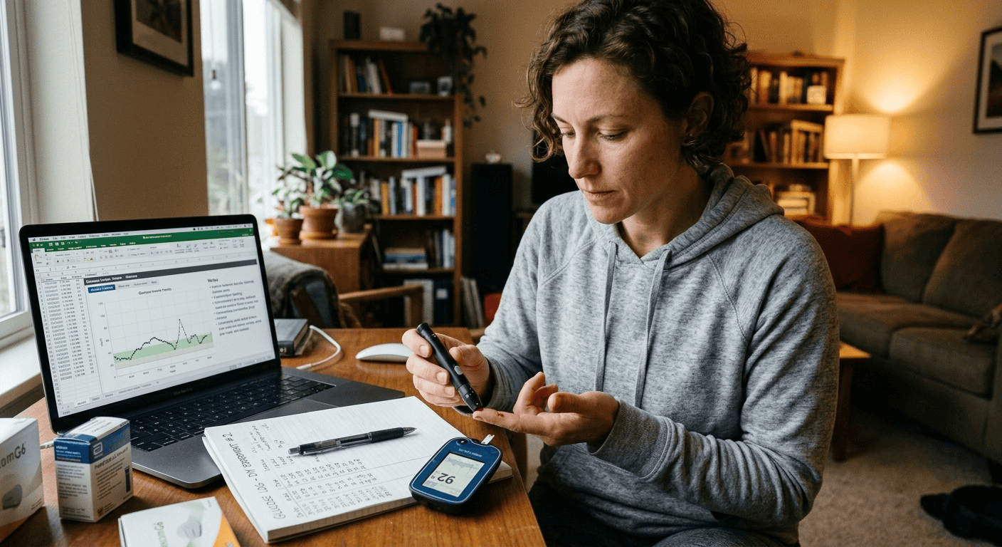 Person tracking glucose data at home as part of the DIY biohacking trend, biohacking beyond wellness.